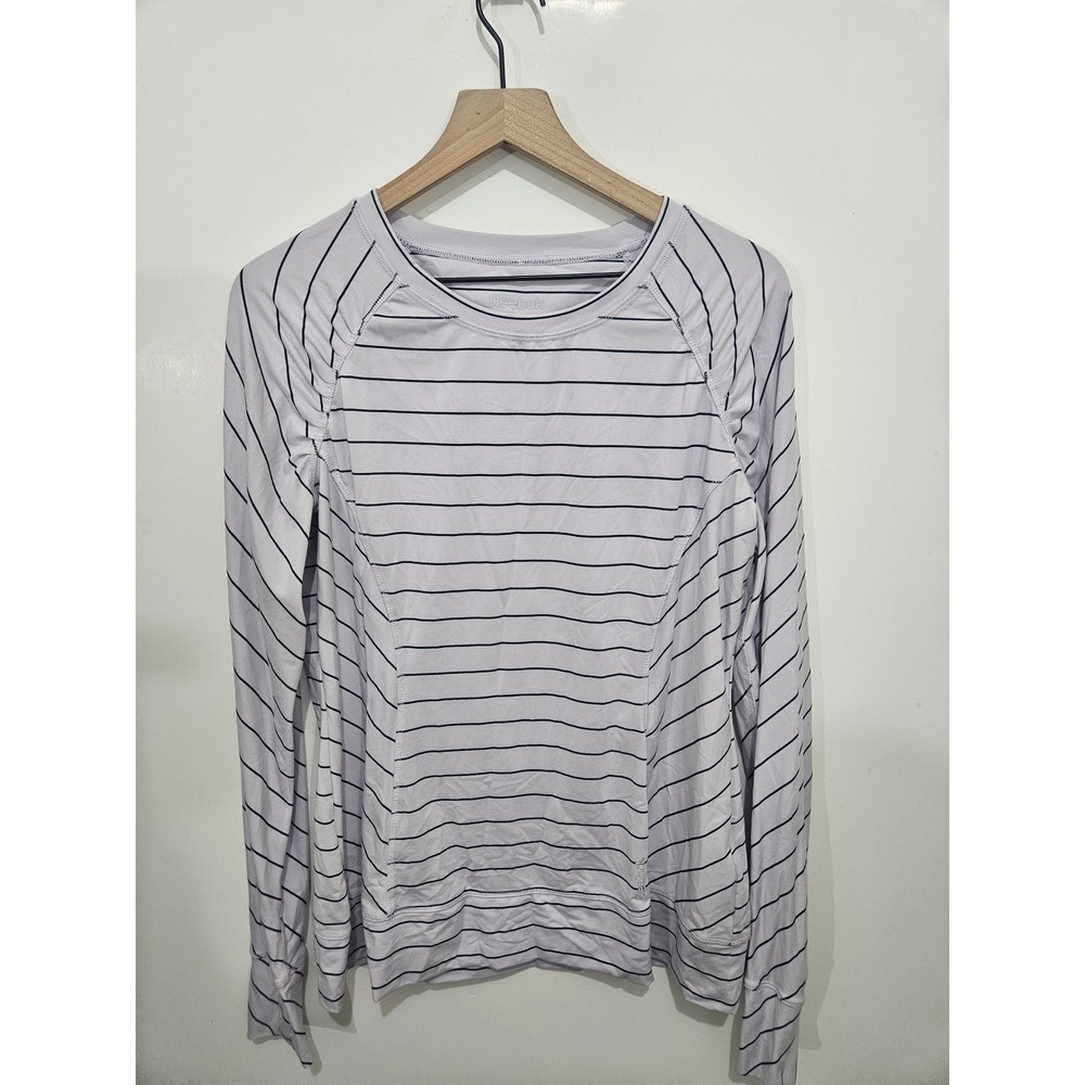 Reebok Womens XL Long Sleeve Striped Activewear Top Lavender Purple Thumbholes